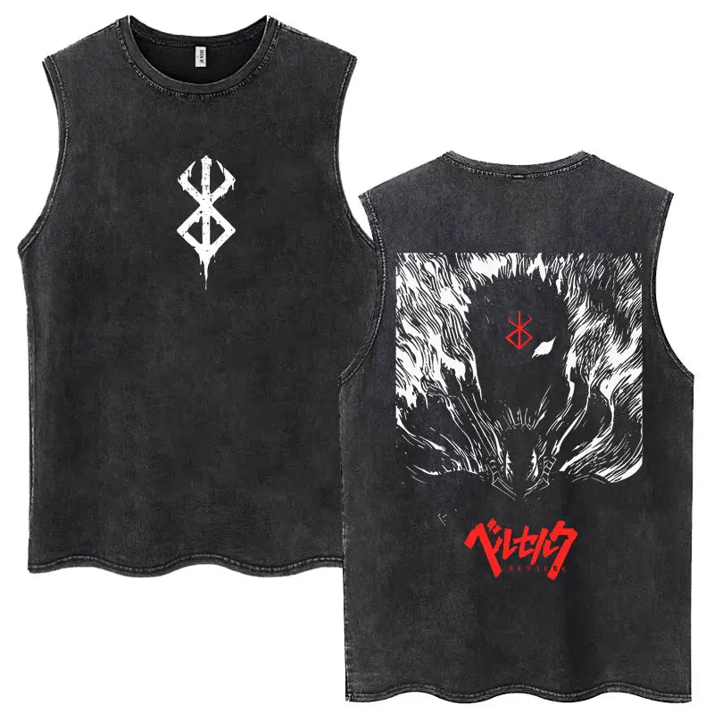 Anime Berserk Guts Washed Harajuku Tank Tops Retro Manga Gatsu Griffith Zodd Sleeveless T Shirts Unisex Cotton Oversized T-Shirt