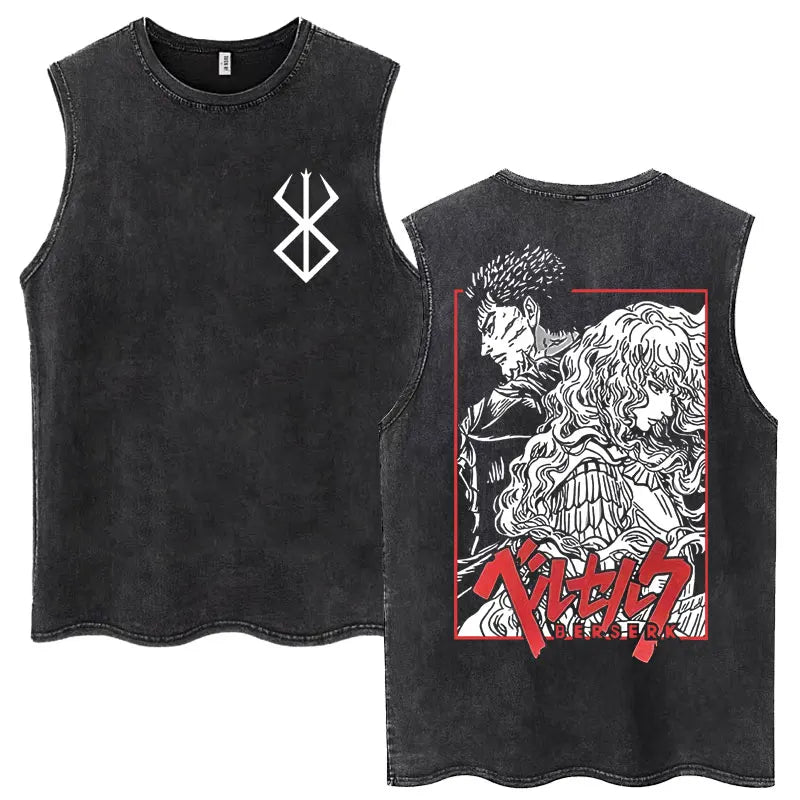 Anime Berserk Guts Washed Harajuku Tank Tops Retro Manga Gatsu Griffith Zodd Sleeveless T Shirts Unisex Cotton Oversized T-Shirt