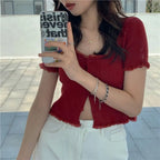 Korean Style Summer Spring Lace T-shirt Button Stylish Crop Top Slim Fit Knitted Cardigans