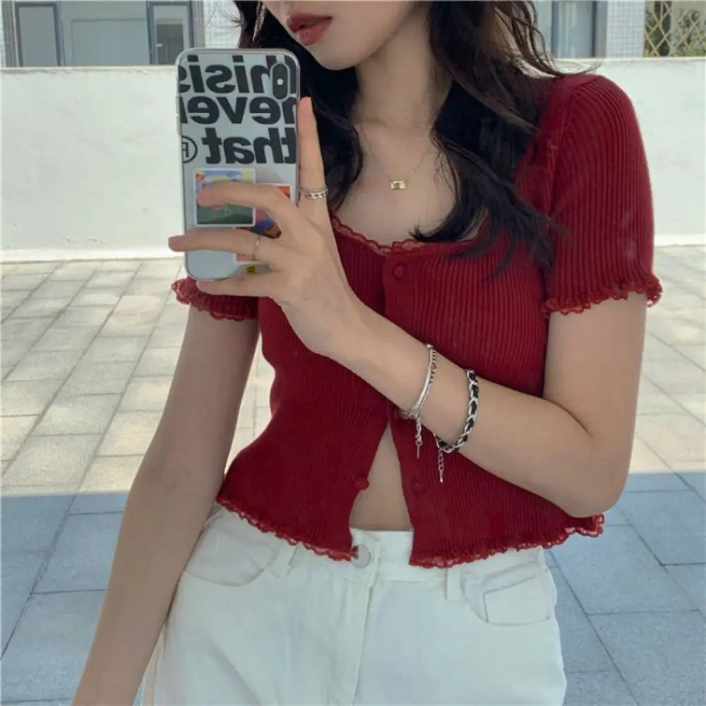 Korean Style Summer Spring Lace T-shirt Button Stylish Crop Top Slim Fit Knitted Cardigans