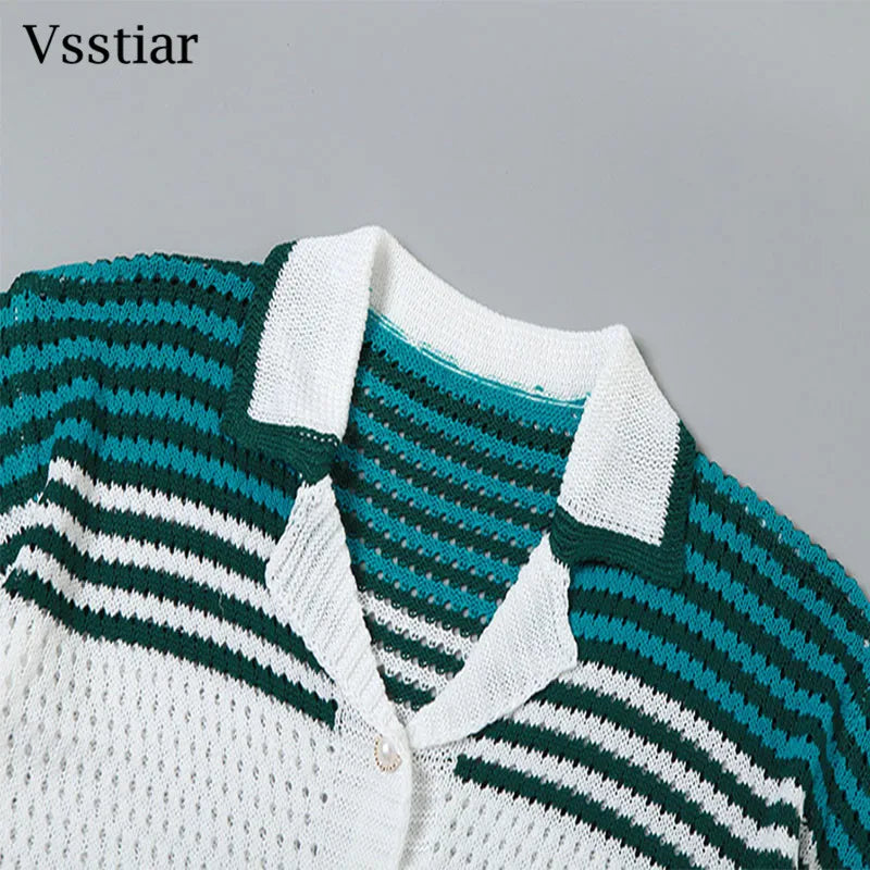 Vsstiar Fashion Crochet Knitted Two Piece Set Short Sleeve Pockets Shirts And Shorts Sexy Hollow Out Striped Women Matching Suit