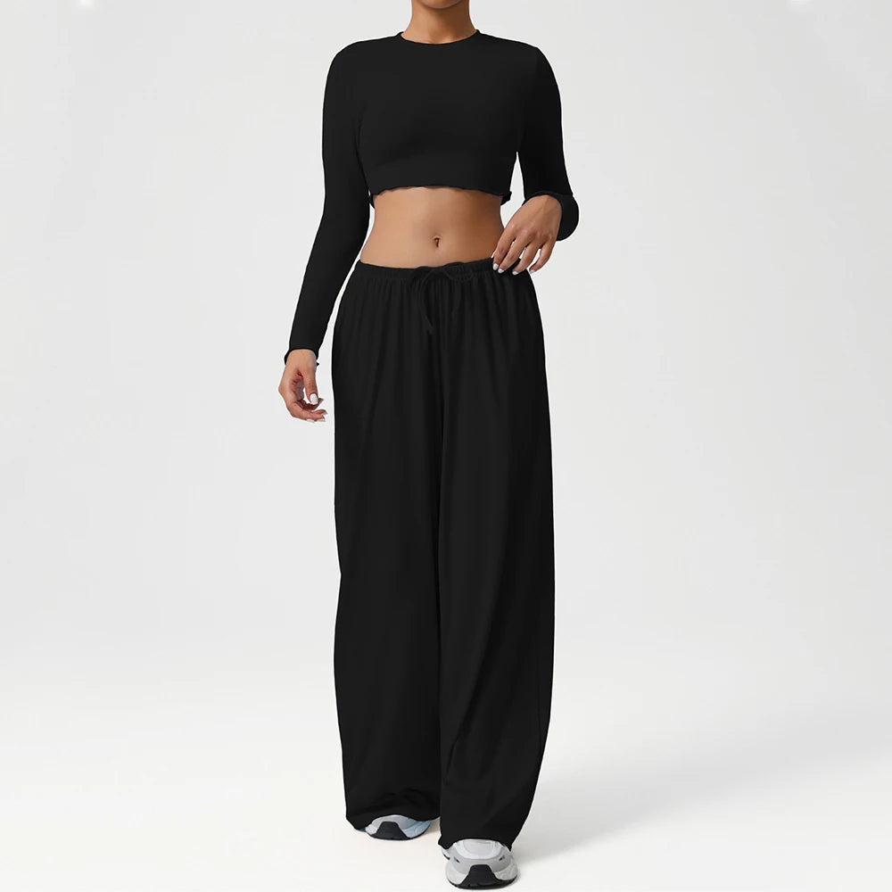 2PCS Yoga Set Women Sportswear Gym Clothing Fitness Workout Set Female Long Sleeve Crop Top High Waist Flared Pant Sports Suits