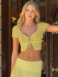 Hugcitar Lace Floral Print Short Sleve Buttons Bandage Sexy Sheer Crop T-Shirt Top Summer Women Fashion Outfits Party Festival