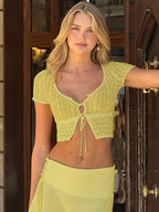 Hugcitar Lace Floral Print Short Sleve Buttons Bandage Sexy Sheer Crop T-Shirt Top Summer Women Fashion Outfits Party Festival