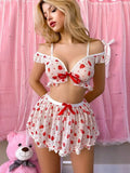 2026 New pajamas hot selling in Europe and America strawberry printed lace sexy pajamas short skirt set home wear bra bikini