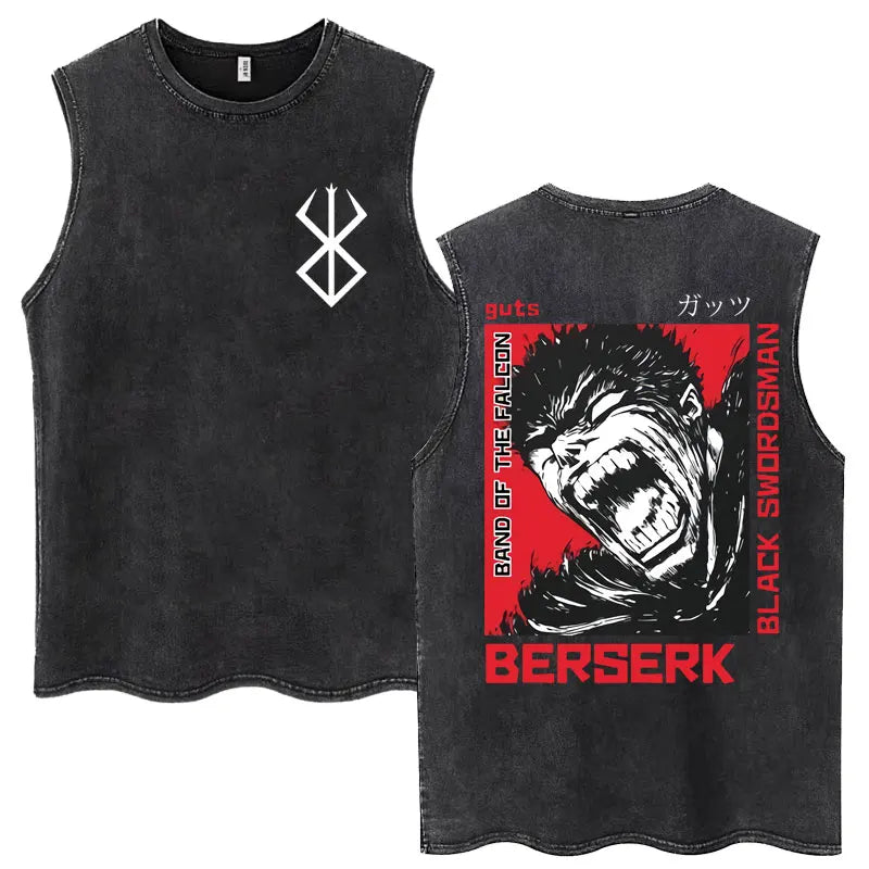 Anime Berserk Guts Washed Harajuku Tank Tops Retro Manga Gatsu Griffith Zodd Sleeveless T Shirts Unisex Cotton Oversized T-Shirt