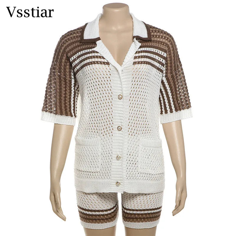 Vsstiar Fashion Crochet Knitted Two Piece Set Short Sleeve Pockets Shirts And Shorts Sexy Hollow Out Striped Women Matching Suit