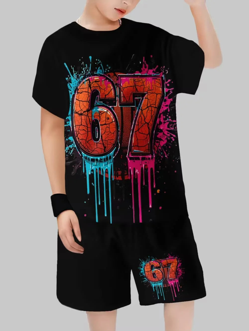 Kids Short Sleeved Suit 67 Number Print T-Shirt and Shorts Set