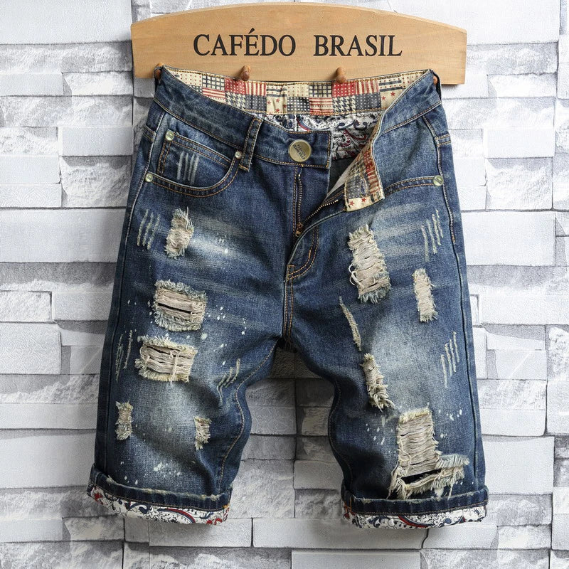 2026 New Summer Fashion Ripped hole Mens Jeans Short Street Vintage Straight Slim Denim Mid Waist  Brand Print Shorts