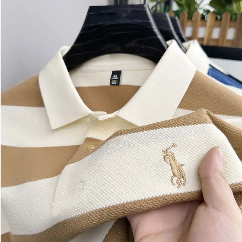 KUXA Men Cap Polo Knitted T-shirt Summer Men's Summer Clothes Striped Embroidery Business Casual Breathable Short Sleeve Tops