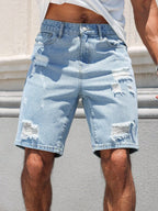 Men's Spring/Summer Street Fashion Casual Ripped and Distressed Straight-Leg Blue Denim Shorts, maintains its shape, wrinkle-res