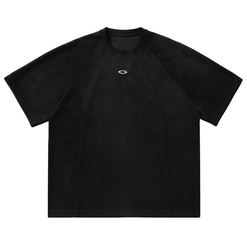 TFETTERS Brand Splicing Suede Male T Shirt 2026 Summer New American Vintage Short Sleeve T-shirts Man Solid Color Mens Clothing