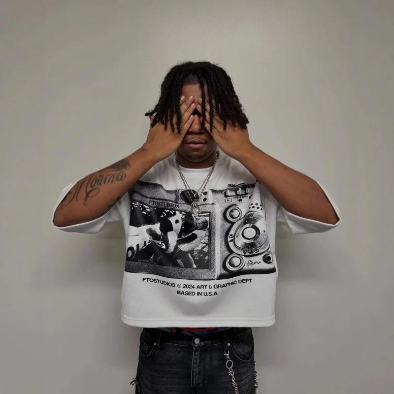 Футболка America Graffiti Album Printing T Shirt Y2k Clothes for Man Playeras Para Hombres Tシャツ メンズ Summer Streetwear Harajuku