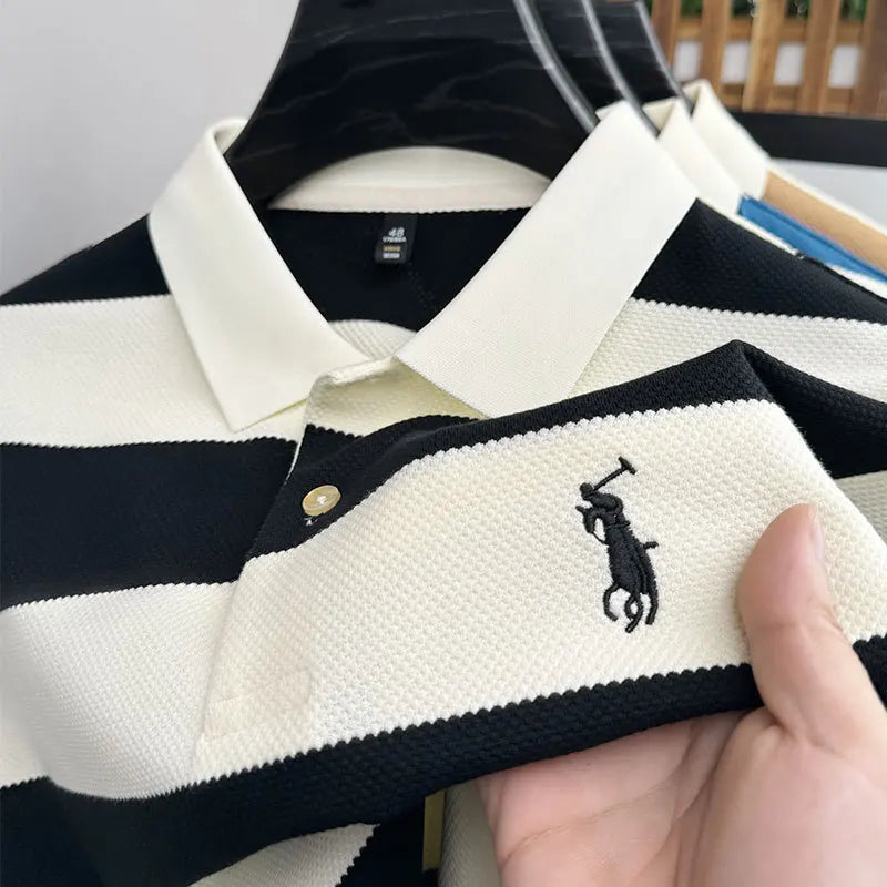 KUXA Men Cap Polo Knitted T-shirt Summer Men's Summer Clothes Striped Embroidery Business Casual Breathable Short Sleeve Tops