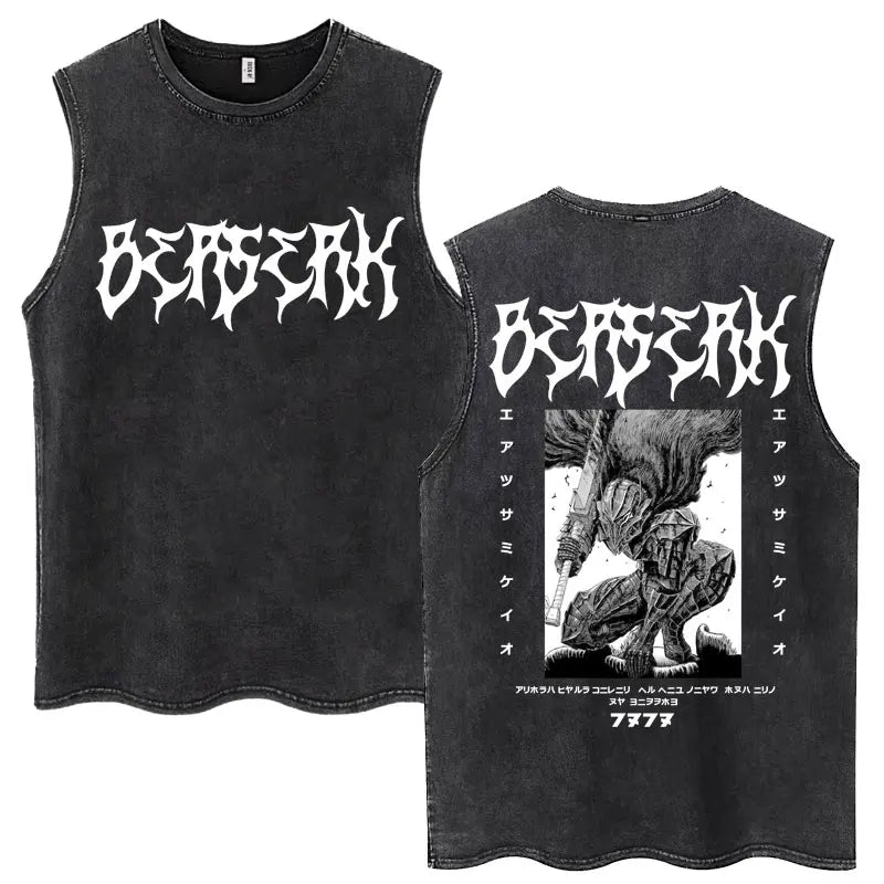 Anime Berserk Guts Washed Harajuku Tank Tops Retro Manga Gatsu Griffith Zodd Sleeveless T Shirts Unisex Cotton Oversized T-Shirt