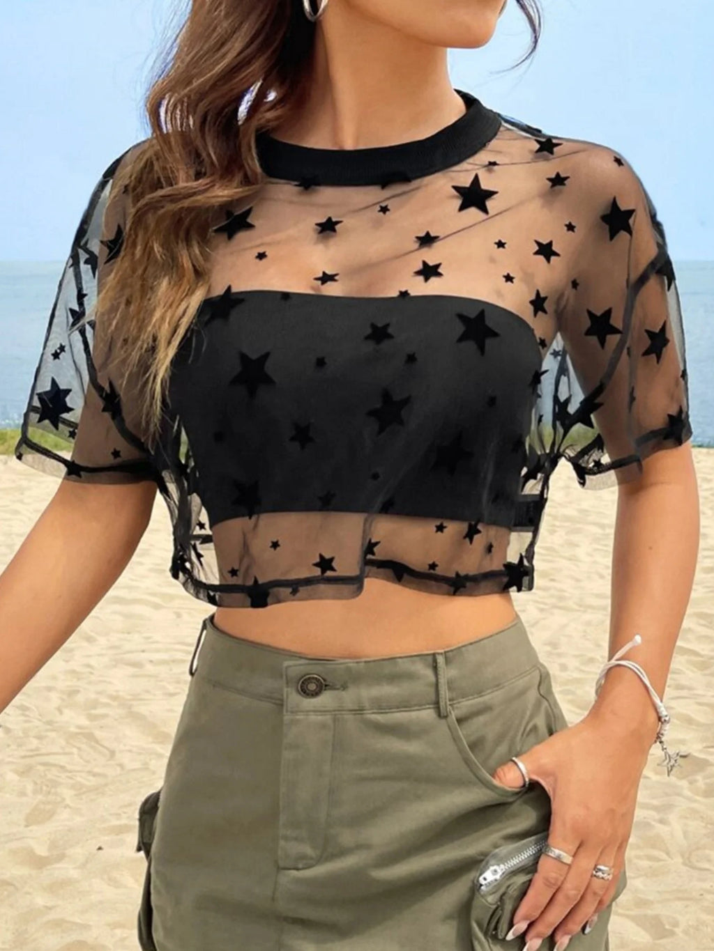 Fashion-Forward Y2K Heart Print Sheer Mesh Crop Top - Ethereal Crew Neck Short Sleeve Tee for Spring & Summer Styling - Womens C