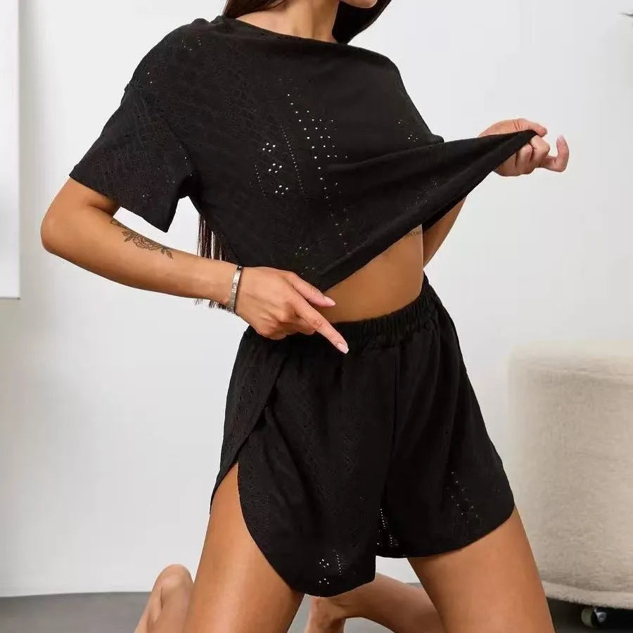 Women Pajamas Set Women's Pajamas Hollow Breathable Printing Sexy Split Shorts Crew Neck Top Set Loungewear Home Comfort