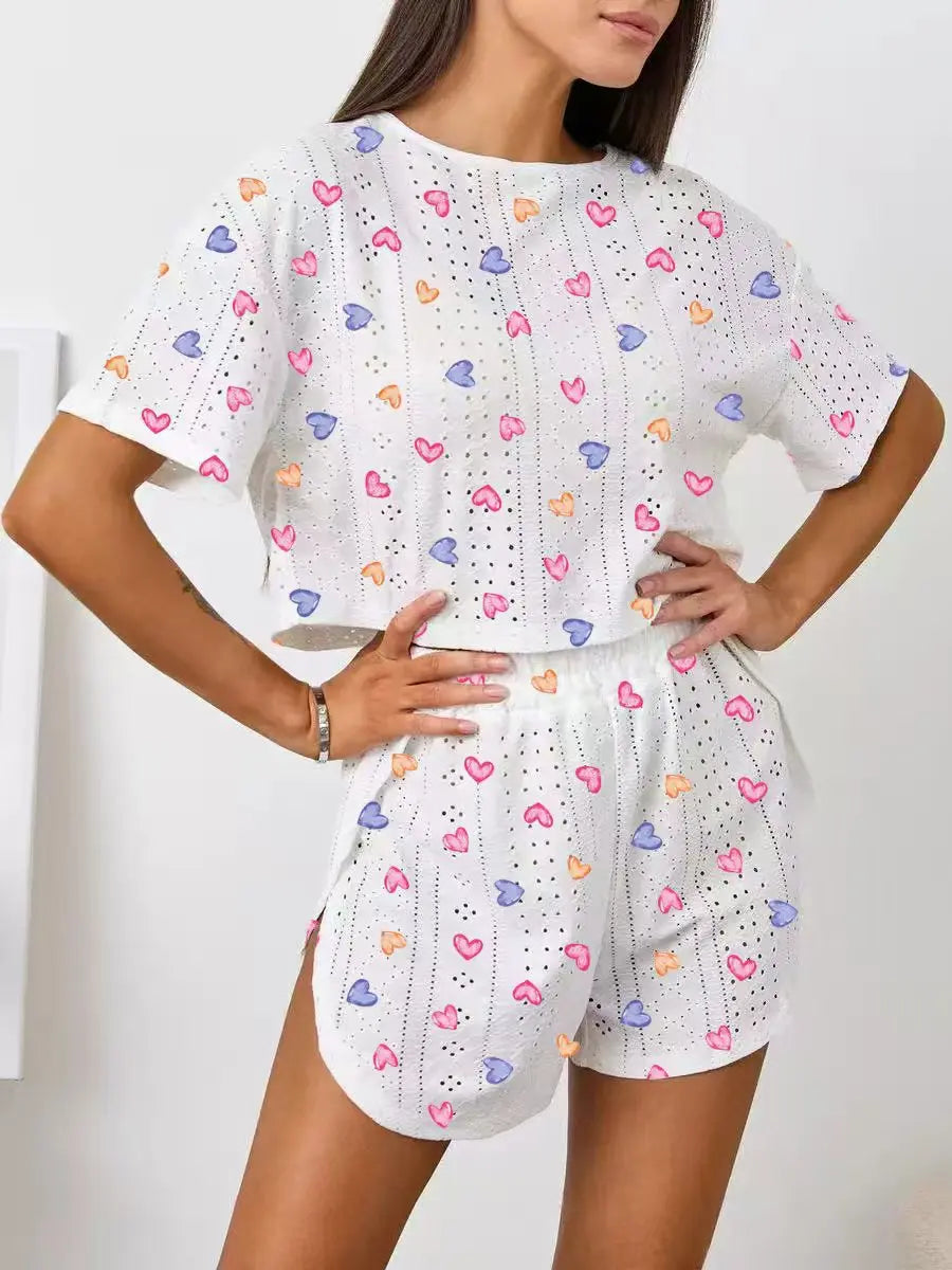 Women Pajamas Set Women's Pajamas Hollow Breathable Printing Sexy Split Shorts Crew Neck Top Set Loungewear Home Comfort