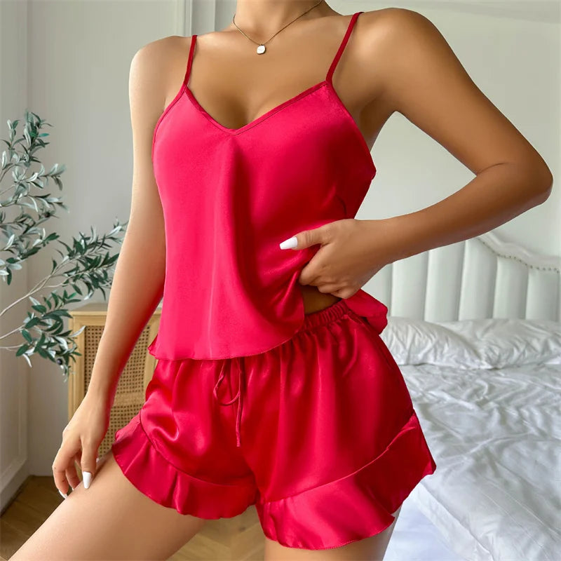 Summer Imitation Silk Nightgown Women's Sexy Silk Satin Ruffled Pajamas Sets Sling Shorts Sleepwear Home Suit