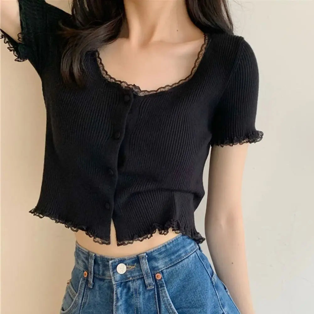 Korean Style Summer Spring Lace T-shirt Button Stylish Crop Top Slim Fit Knitted Cardigans