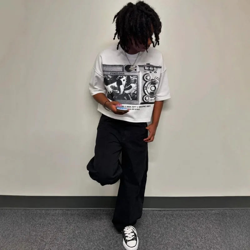 Футболка America Graffiti Album Printing T Shirt Y2k Clothes for Man Playeras Para Hombres Tシャツ メンズ Summer Streetwear Harajuku
