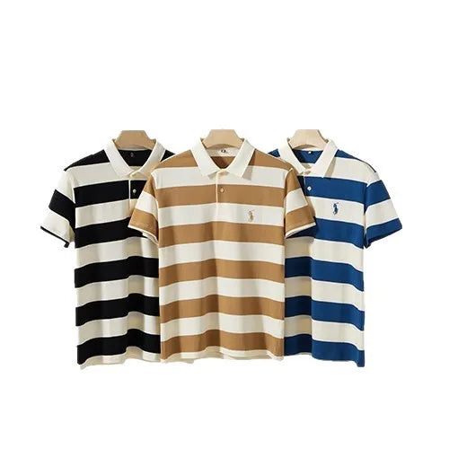 KUXA Men Cap Polo Knitted T-shirt Summer Men's Summer Clothes Striped Embroidery Business Casual Breathable Short Sleeve Tops