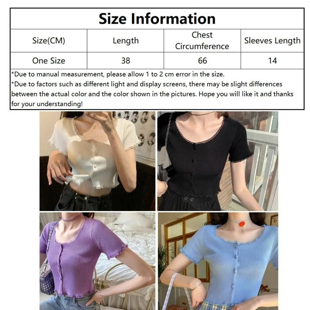 Korean Style Summer Spring Lace T-shirt Button Stylish Crop Top Slim Fit Knitted Cardigans