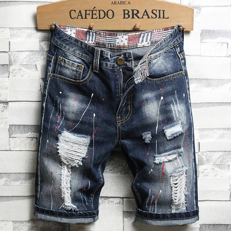2026 New Summer Fashion Ripped hole Mens Jeans Short Street Vintage Straight Slim Denim Mid Waist  Brand Print Shorts
