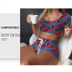 2026 Summer Casual Lips Print Women Sleepwear Pajamas Set Top Pants Skinny Homewear Underwear