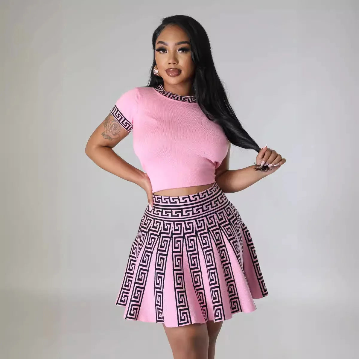 AJ4399 Fashionable round Neck Short Sleeve Pleated Two-Piece Set Women's Knitted Print Style New Arrival Sweet Fresh Style