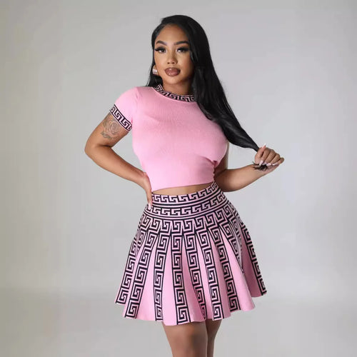AJ4399 Fashionable round Neck Short Sleeve Pleated Two-Piece Set Women's Knitted Print Style New Arrival Sweet Fresh Style