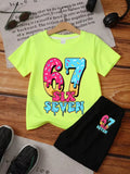 Kids Short Sleeved Suit 67 Number Print T-Shirt and Shorts Set