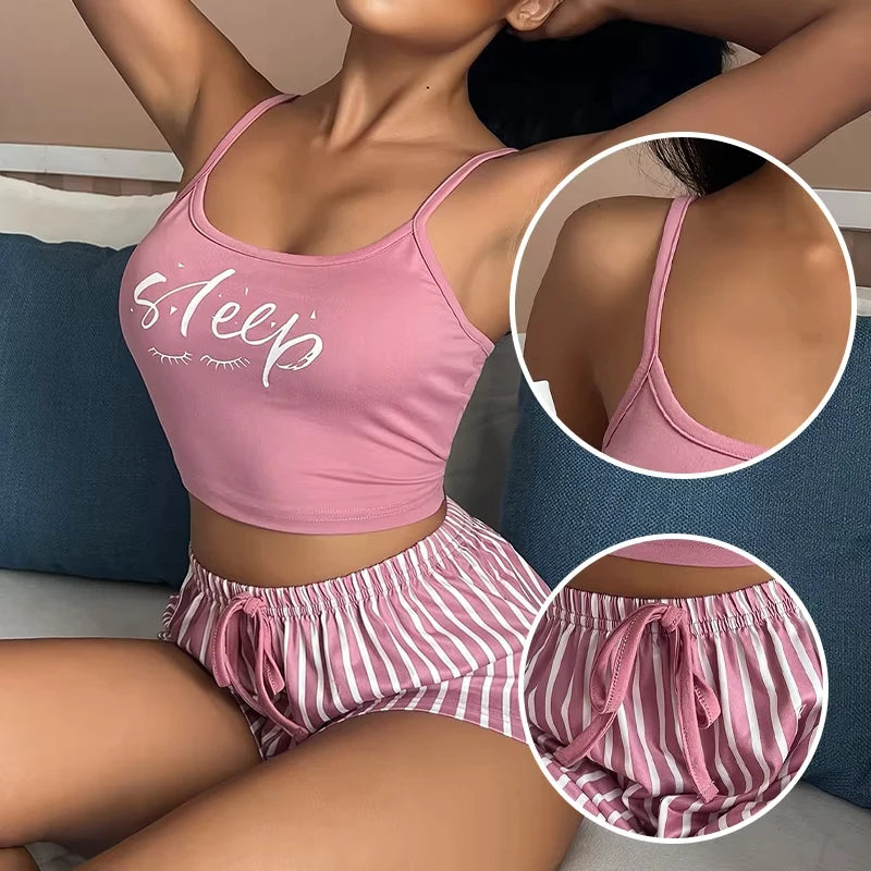 Sexy Summer Women Pajamas Set Sleepwear Cotton Home Clothes Tops And Shorts Cute Soft Sleeveless Nightwear For Female