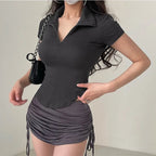 Sexy Turtleneck Zipper Crop Top Elasticity Short Sleeve Biker Moto Tee Korean Fashion Streetwear Summer T Shirt Chic Outfits 90s