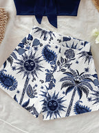 Women's summer vacation coconut tree and Sun God cashew print 2-piece set, suitable for vacation, summer, and fashionable spring