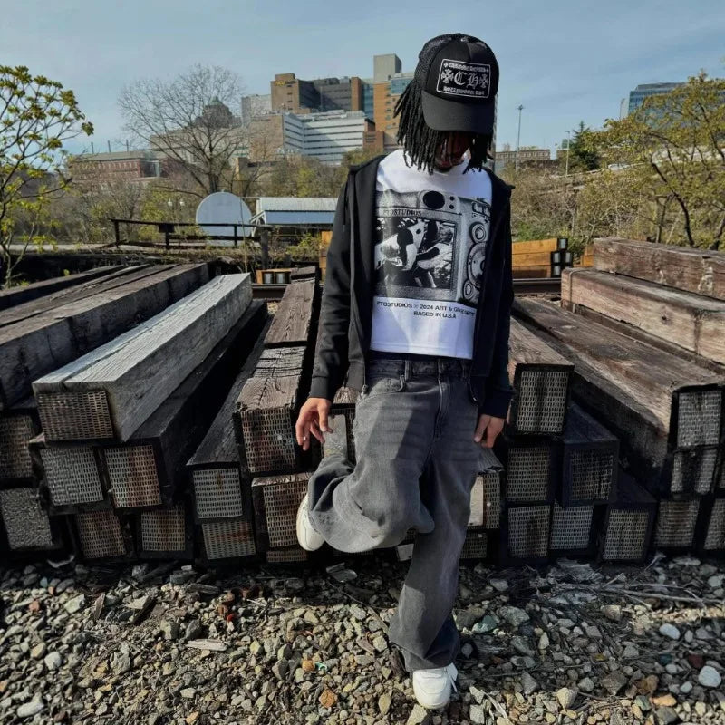Футболка America Graffiti Album Printing T Shirt Y2k Clothes for Man Playeras Para Hombres Tシャツ メンズ Summer Streetwear Harajuku
