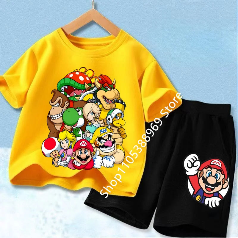 Summer Mario Print T-Shirt and Shorts Set for Kids