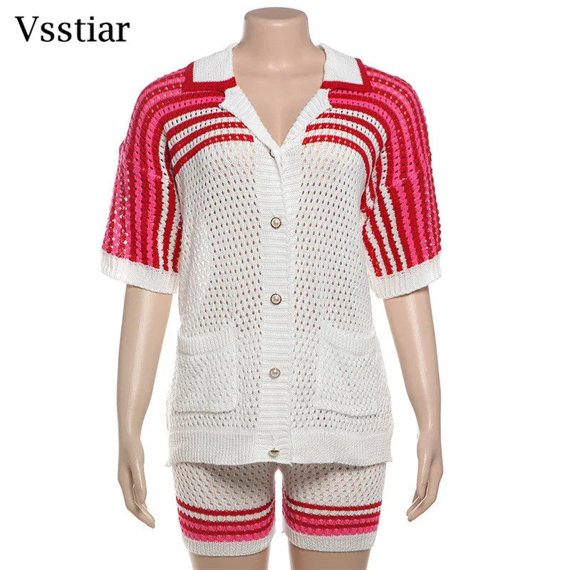 Vsstiar Fashion Crochet Knitted Two Piece Set Short Sleeve Pockets Shirts And Shorts Sexy Hollow Out Striped Women Matching Suit
