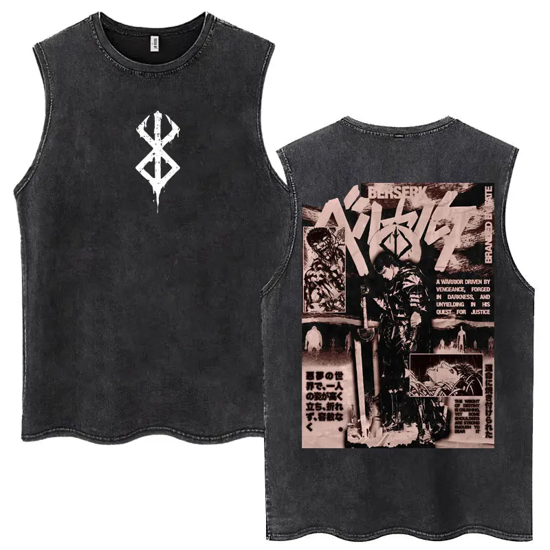 Anime Berserk Guts Washed Harajuku Tank Tops Retro Manga Gatsu Griffith Zodd Sleeveless T Shirts Unisex Cotton Oversized T-Shirt
