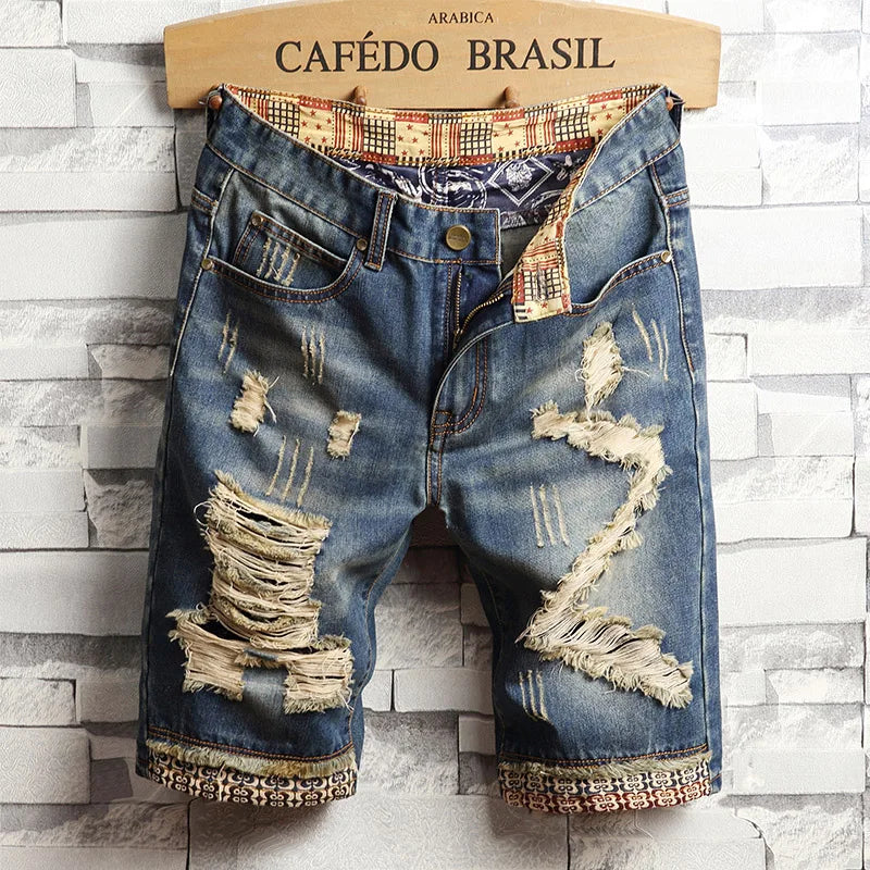 2026 New Summer Fashion Ripped hole Mens Jeans Short Street Vintage Straight Slim Denim Mid Waist  Brand Print Shorts