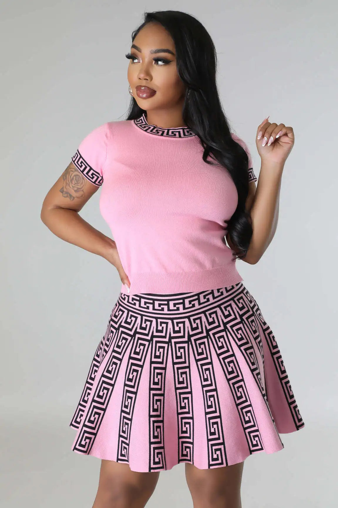 AJ4399 Fashionable round Neck Short Sleeve Pleated Two-Piece Set Women's Knitted Print Style New Arrival Sweet Fresh Style