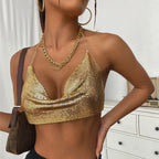 Sexy Metal Metallic Crop Top Women Beach Halter Corset Tops Glitter Backless Party Club Tank Top Clothes Top Camisole Croppe