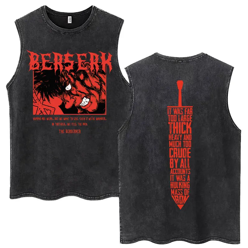 Anime Berserk Guts Washed Harajuku Tank Tops Retro Manga Gatsu Griffith Zodd Sleeveless T Shirts Unisex Cotton Oversized T-Shirt