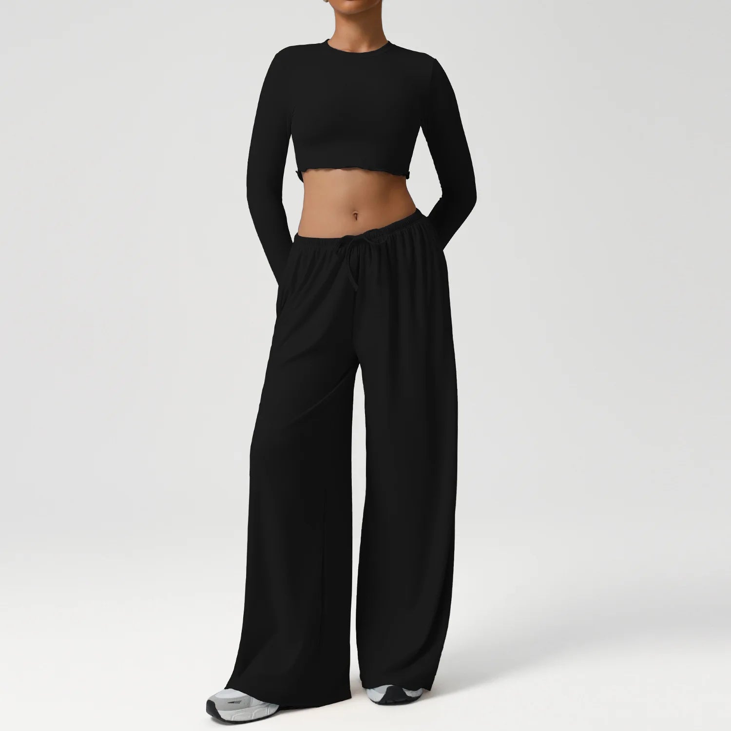 2PCS Yoga Set Women Sportswear Gym Clothing Fitness Workout Set Female Long Sleeve Crop Top High Waist Flared Pant Sports Suits