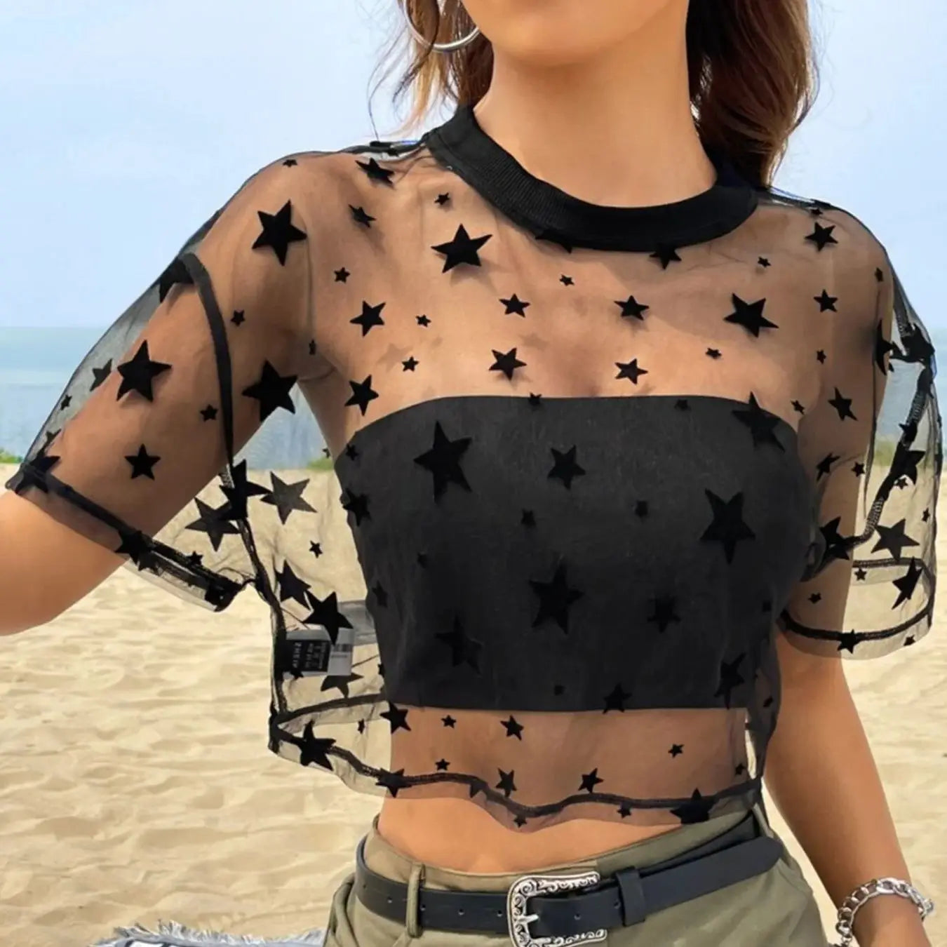 Fashion-Forward Y2K Heart Print Sheer Mesh Crop Top - Ethereal Crew Neck Short Sleeve Tee for Spring & Summer Styling - Womens C