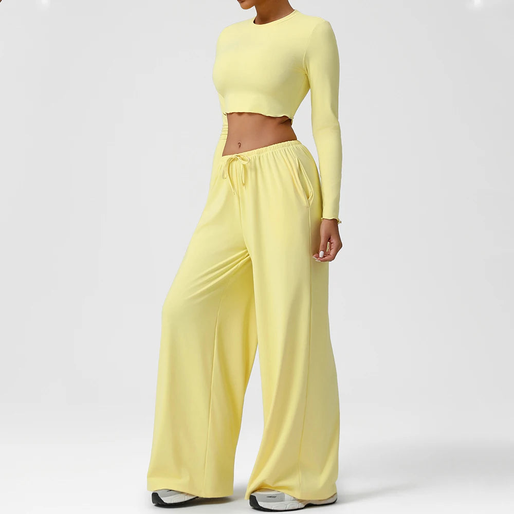 2PCS Yoga Set Women Sportswear Gym Clothing Fitness Workout Set Female Long Sleeve Crop Top High Waist Flared Pant Sports Suits