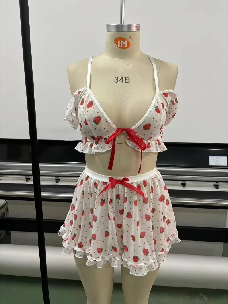 2026 New pajamas hot selling in Europe and America strawberry printed lace sexy pajamas short skirt set home wear bra bikini