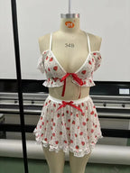 2026 New pajamas hot selling in Europe and America strawberry printed lace sexy pajamas short skirt set home wear bra bikini