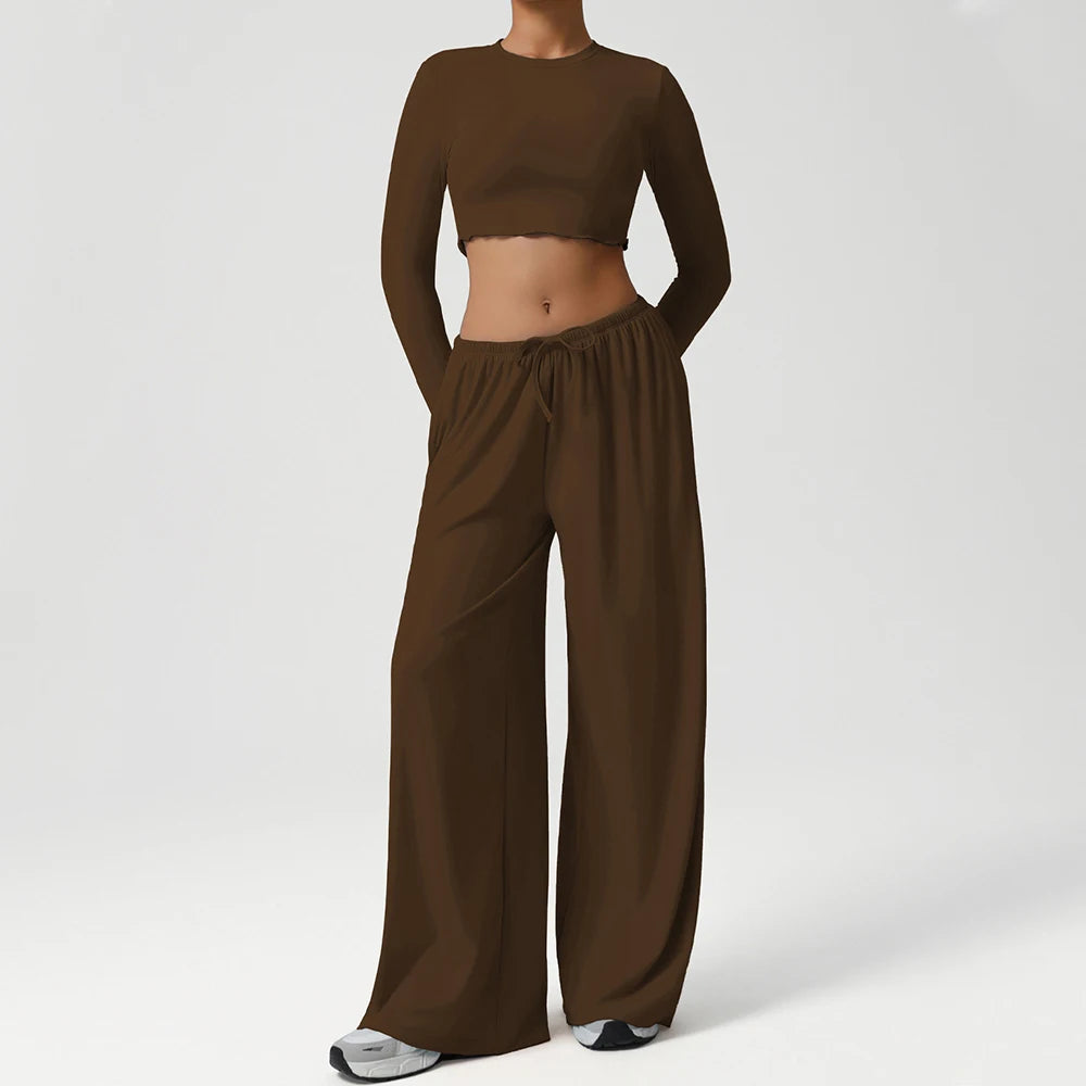 2PCS Yoga Set Women Sportswear Gym Clothing Fitness Workout Set Female Long Sleeve Crop Top High Waist Flared Pant Sports Suits