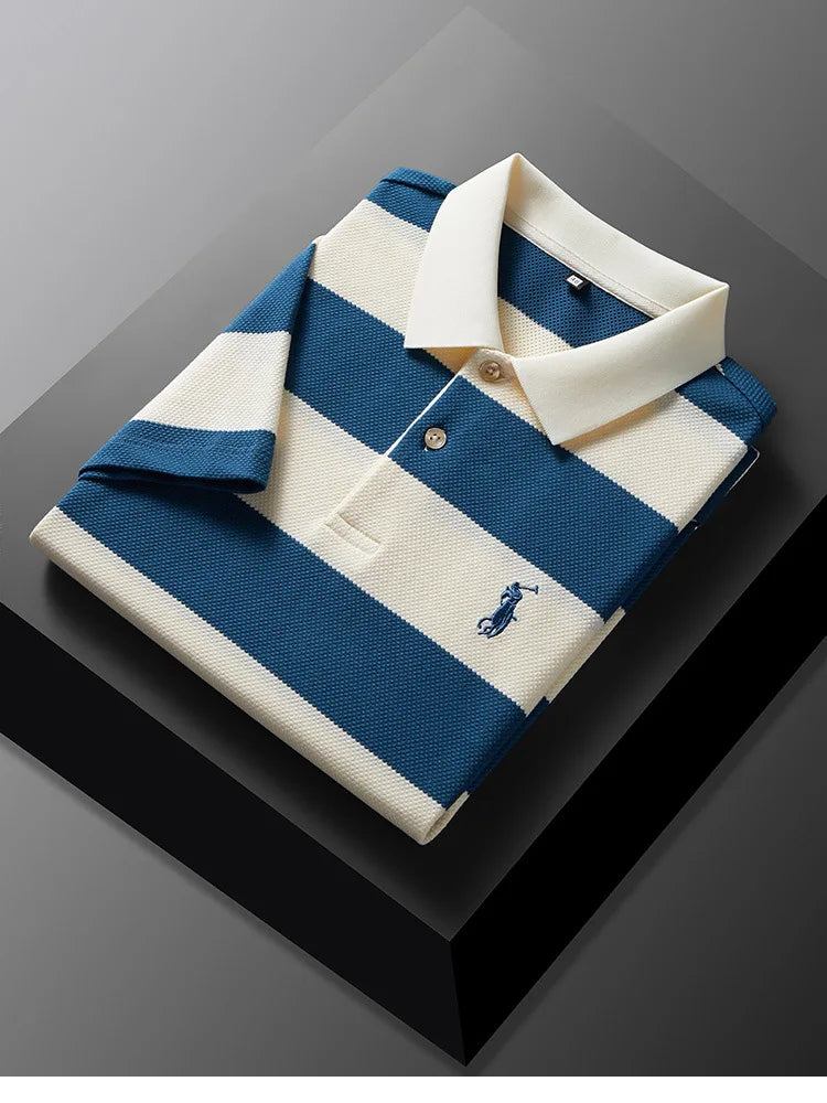 KUXA Men Cap Polo Knitted T-shirt Summer Men's Summer Clothes Striped Embroidery Business Casual Breathable Short Sleeve Tops